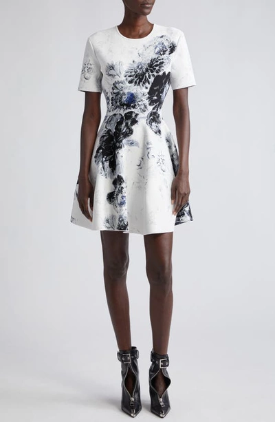 Alexander Mcqueen X-ray Floral Print Flare Mini Dress In Bianco