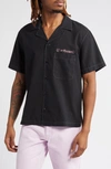 Stockholm Surfboard Club Stoffe Swarovski® Crystal Embellished Short Sleeve Button-up Shirt In Overdyed Black