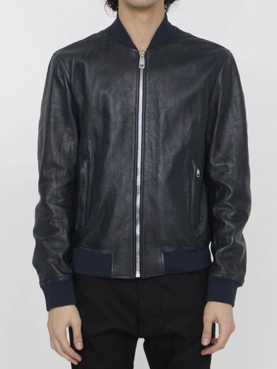 Dolce & Gabbana Leather Bomber Jacket In Blue