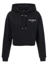 BALMAIN FLOCKED LOGO CROPPED HOODIE SWEATSHIRT WHITE/BLACK