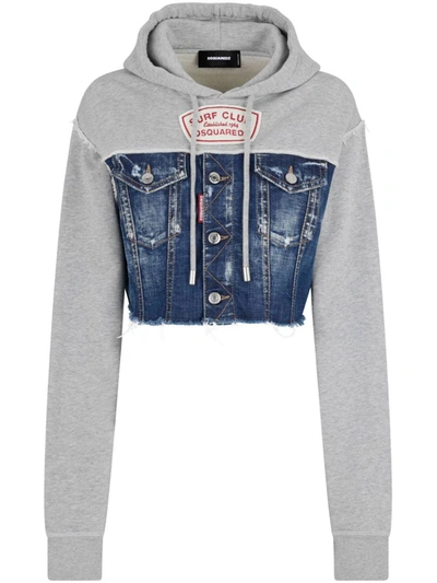 Dsquared2 Panelled Crop Hoodie In Blue/grey