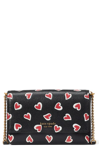 Kate Spade Morgan Stencil Hearts Embossed Printed Saffiano Leather Flap Chain Wallet In Black Multi.