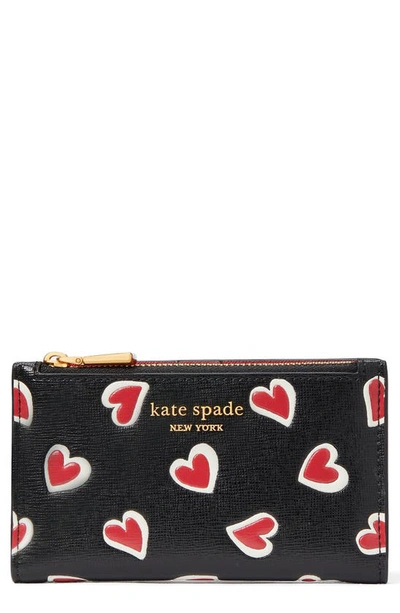 Kate Spade Morgan Stencil Hearts Printed Saffiano Leather Slim Bifold Wallet In Black