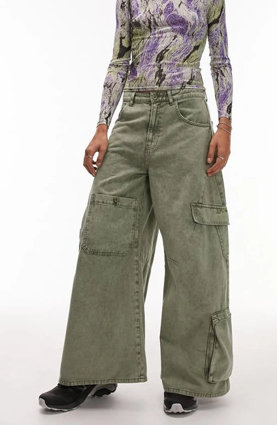 Topshop Super Wide Washed Skate Cargo Pants In Khaki-green