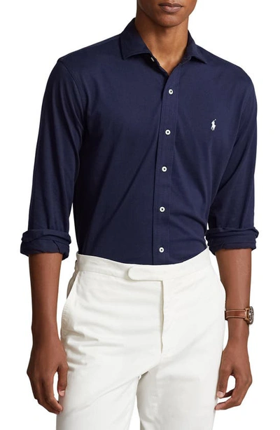 Polo Ralph Lauren Cotton Jersey Button Down Shirt In Cruise Navy