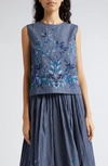 LORETTA CAPONI HILARY FLORAL EMBROIDERED STRIPE SLEEVELESS TOP