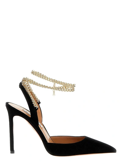 AQUAZZURA BLACK SLINGBACK PUMPS WITH CHAIN ANKLE STRAP IN LEATHER WOMAN