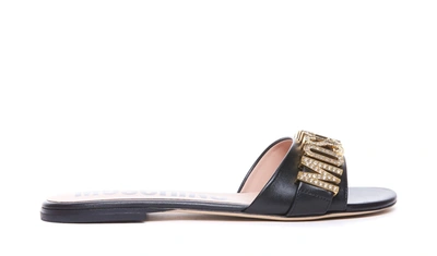 Moschino Women's Logo Hardware Slip On Slide Sandals In Black/gold