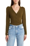 Frame Puff Shoulder Rib Henley In Olive Khaki