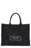 Versace Large Jacquard Canvas Tote In Black/ -gold