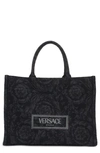 Versace Large Jacquard Canvas Tote In Black/ Gold