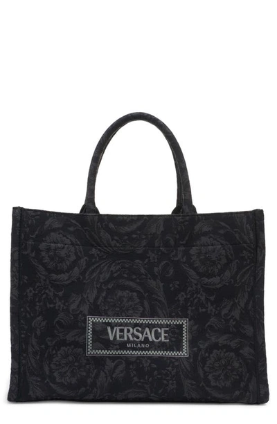 Versace Large Jacquard Canvas Tote In Black/ Gold