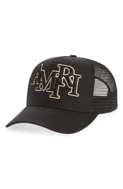 Amiri Staggered Logo Trucker Hat In Black/ Alabaster