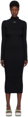 Off-white Ribbed Texture Midi Dress With High Neckline In Black White