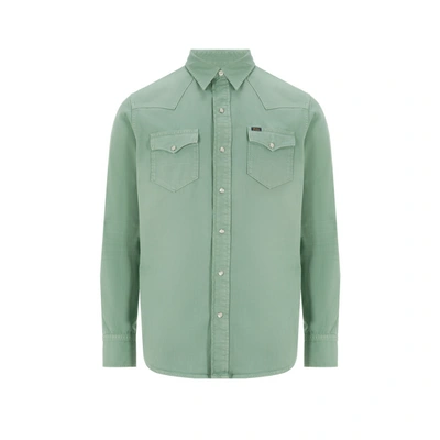 Polo Ralph Lauren Classic Fit Denim Western Shirt Man Denim Shirt Sage Green Size Xxl Cotton
