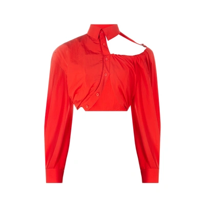 Jacquemus Cropped Cutout Taffeta Shirt In Red