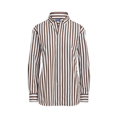Polo Ralph Lauren Relaxed Fit Striped Cotton Shirt Woman Shirt Dark Brown Size Xl Cotton