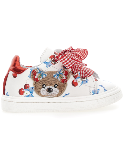 Monnalisa Cherry Sneakers With Teddy Bear In Red + Light Blue