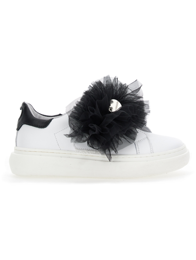 Monnalisa Kids'   Nappa Leather And Tulle Sneakers In White + Black