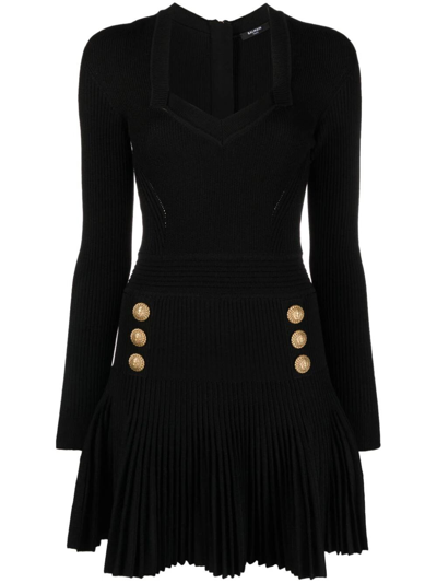 Balmain Long-sleeve Double-breasted Pleated Knit Mini Dress In Black