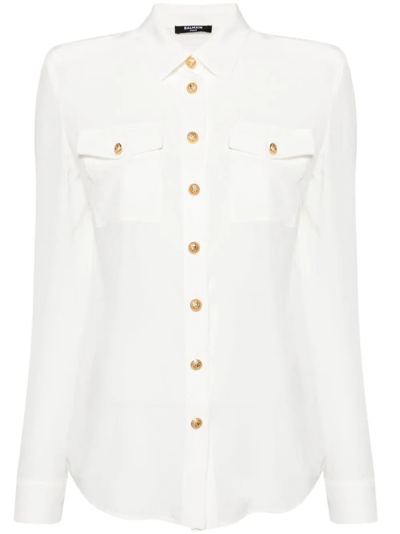 Balmain Crepe De Chine Shirt With Padded Shoulders In White