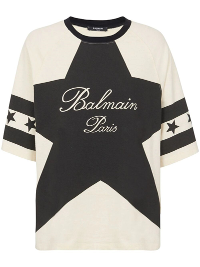 Balmain Stars Logo-print Cotton T-shirt In Got Creme Noir