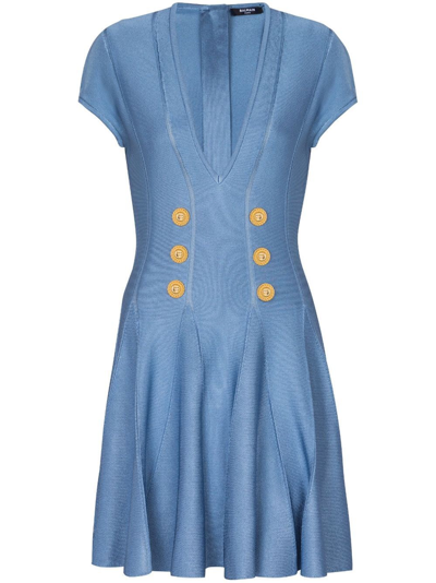 Balmain Buttoned Knit Skater Mini Dress In Blue