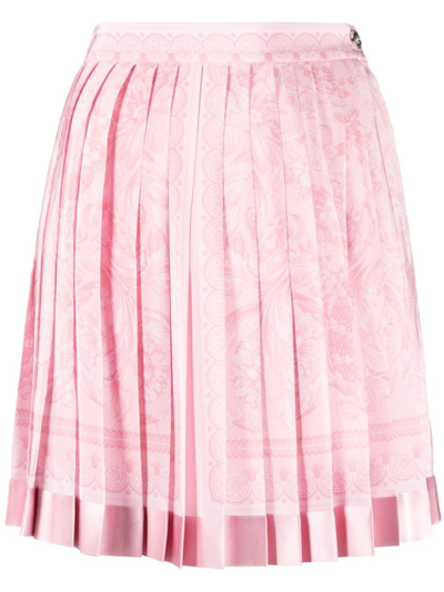 Versace Pleated Baroque-print Crepe De Chine Mini Skirt In Pink