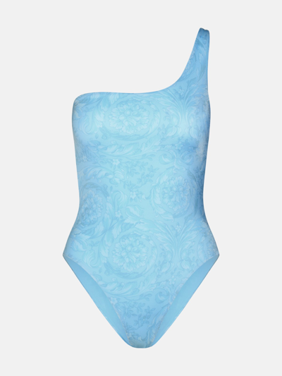 Versace Asymmetric 'barocco' One-piece Swimsuit In Light Blue Polyester Blend