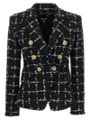 Balmain Grid Tweed Double-breasted Blazer In White/black