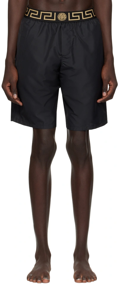 Versace Black Greca Border Swim Shorts In Blu E Oro