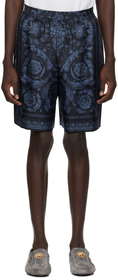 Versace Barocco Kids Silk Shorts In Navy Blue