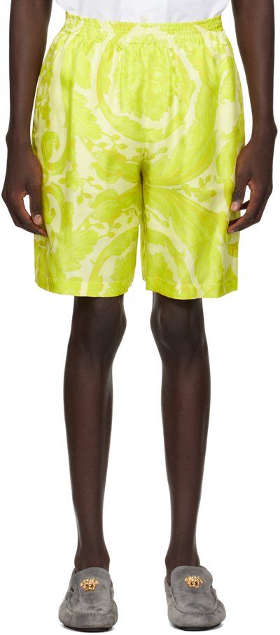 Versace All-over Print Silk Shorts In Yellow