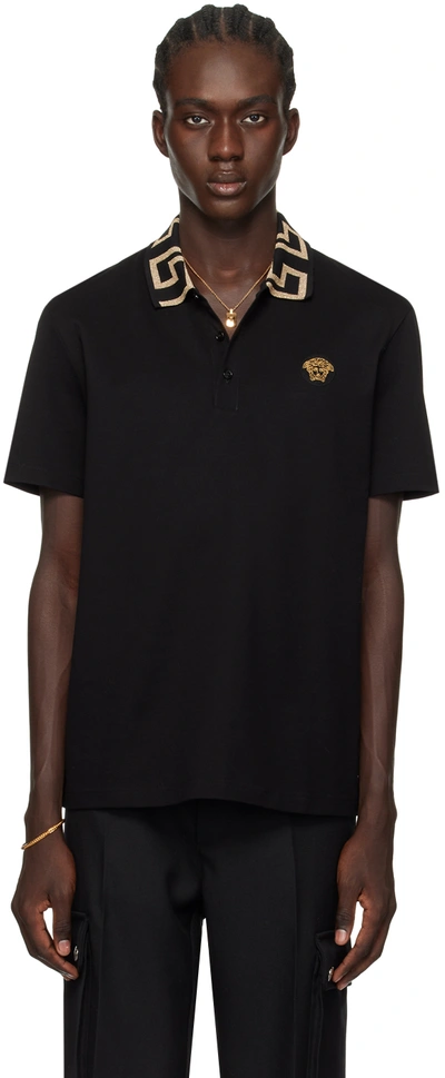 Versace Logo Piqué Cotton Polo Shirt In Black