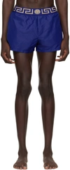 Versace Logo Embroidered Swim Shorts In Bluette Gold