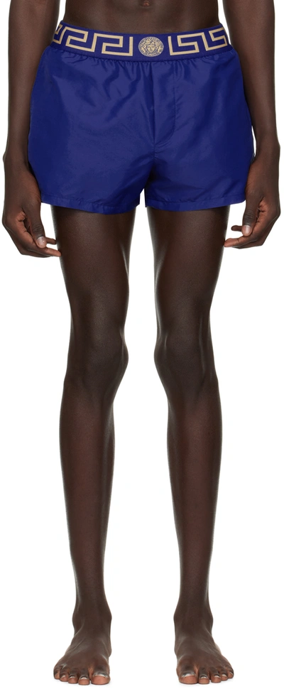 Versace Greca Border Knee-length Swim Shorts In Blue