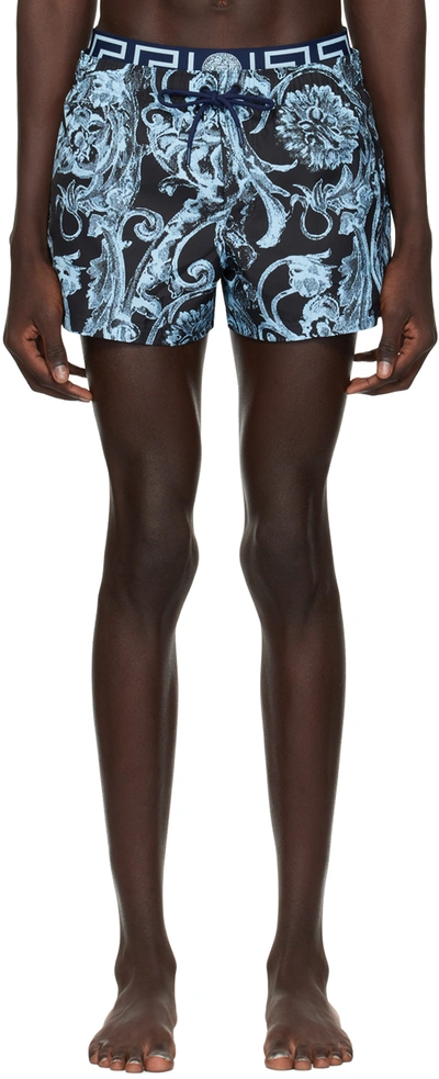 Versace Barocco Print Layered Swim Shorts In Blue