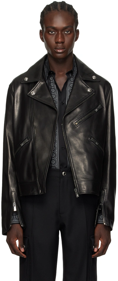 Versace Leather Biker Jacket In Black