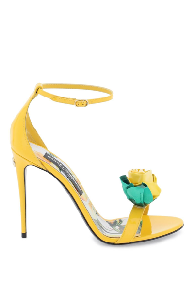 Dolce & Gabbana Patent Leather Sandals With Flower In Yellow
