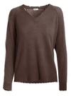 MINNIE ROSE FRAYED V NECK SWEATER IN BROWN