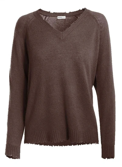 Minnie Rose Frayed V Neck Sweater In Brown