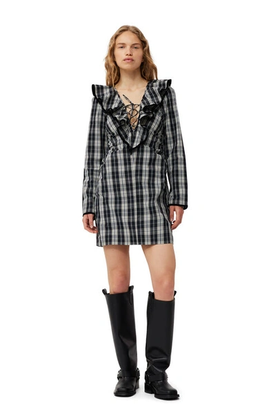 Ganni Checkered Cotton Ruffle V-neck Mini Dress In Black