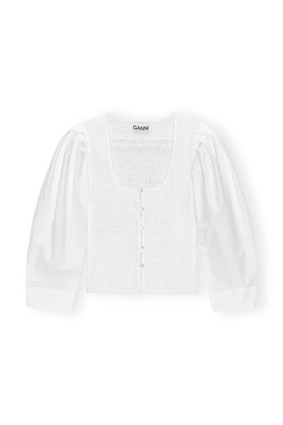 GANNI 3/4 SLEEVE COTTON POPLIN SMOCK BLOUSE