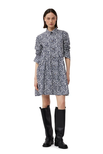 Ganni Printed Cottonpoplin Mini Shirt Dress In White