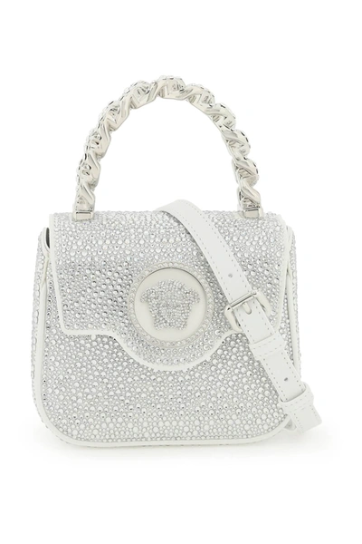 Versace La Medusa Handbag With Crystals In Optical White Palladium (silver)