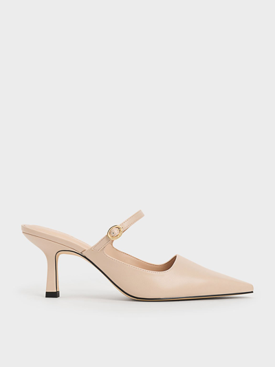 Charles & Keith Buckle-strap Heeled Mules In Nude