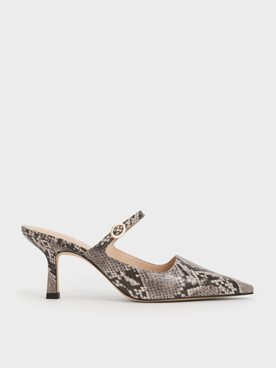 Charles & Keith Snake-print Buckle-strap Heeled Mules In Animal Print Natural