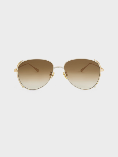 Charles & Keith Gem-embellished Wireframe Aviator Sunglasses In White