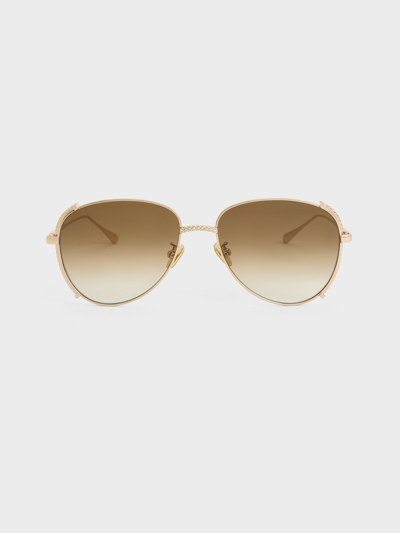Charles & Keith Gem-embellished Wireframe Aviator Sunglasses In Light Gold