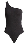 Hunza G Nancy One-shoulder Crinkle One-piece Swimsuit In Black/ Gold Lurex